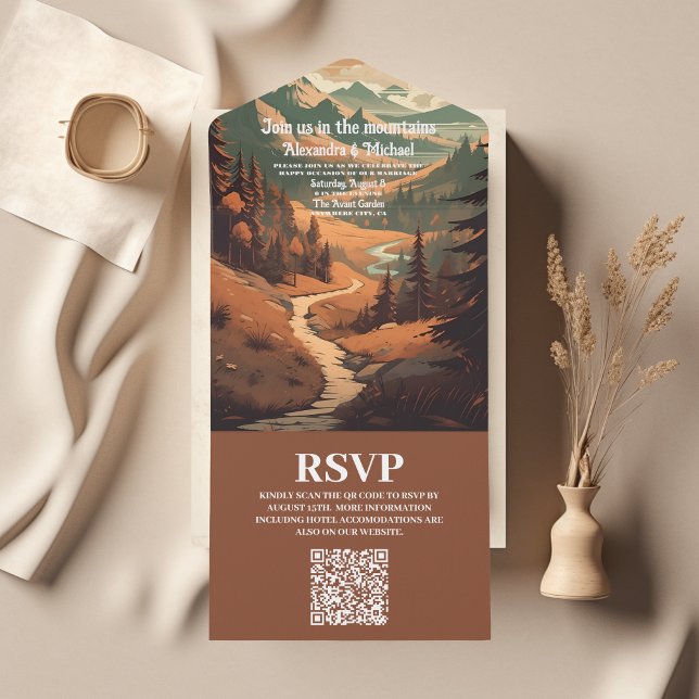 Invitation Tout En Un Rustic Mountain Forest Code QR Mariage À feuillage (Créateur téléchargé)