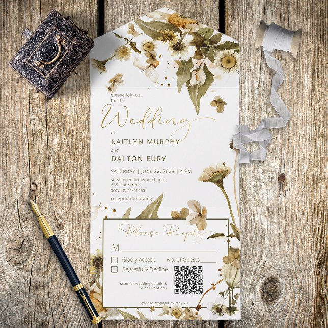 Invitation Tout En Un Rustic Summer Fleurs sauvages & Daisies QR Code (Créateur téléchargé)