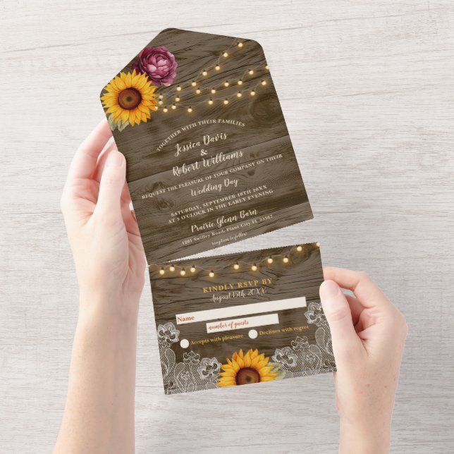 Invitation Tout En Un Rustic Sunflower Peony Mariage tout-en-un (Déchirure)