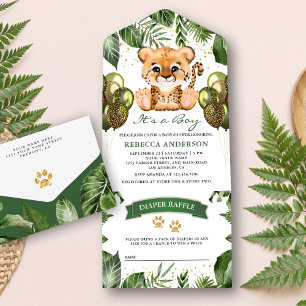 Invitation Tout En Un Rustic Tropical Jungle Safari Baby shower Cheetah