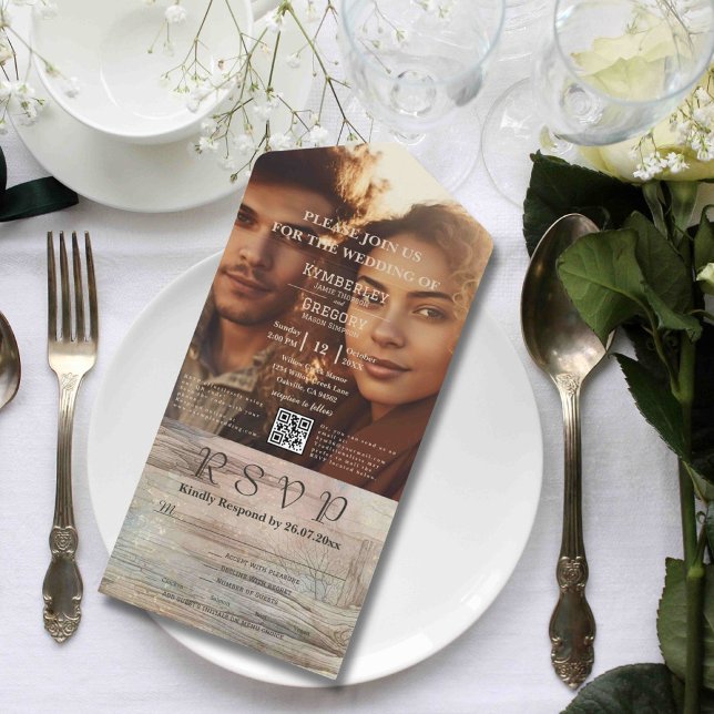 Invitation Tout En Un Rustique Abstrait Ocean Landscape Photo QR Code (Créateur téléchargé)