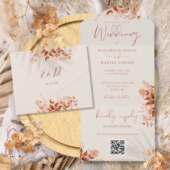 Invitation Tout En Un Rustique Automne automne Floral QR Code Mariage (Rustic Autumn Fall Floral QR Code Wedding All In One Invitation)