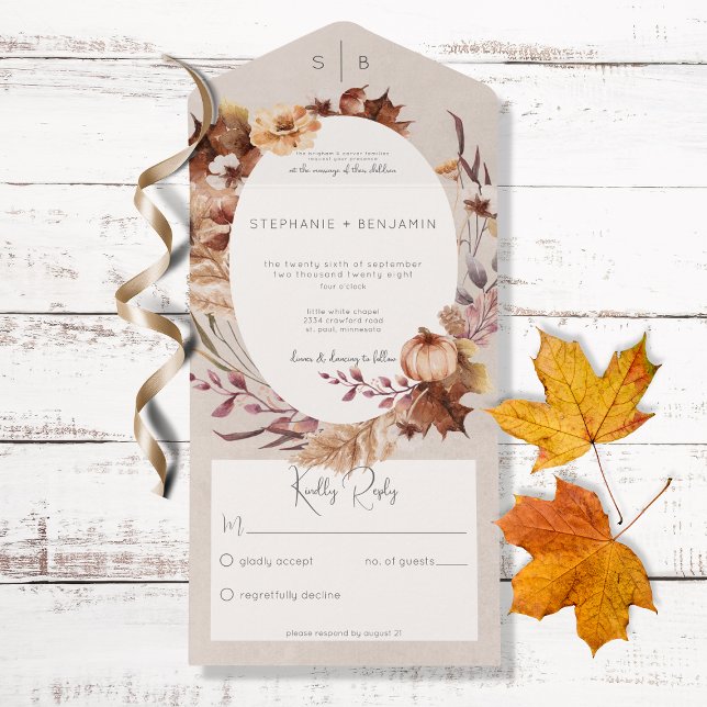 Invitation Tout En Un Rustique Automne Floral & Feuille Pas de dîner (Créateur téléchargé)