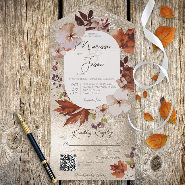 Invitation Tout En Un Rustique Automne Neutre Wreath Gold QR Code (Also available without a QR code; with or without dinner selection options.)