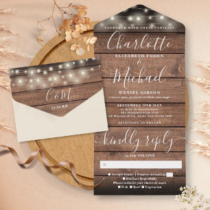 Invitation Tout En Un Rustique Barne Bois Chaîne Lumières Monogramme Mar