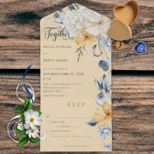 Invitation Tout En Un Rustique Bleu Jaune & Blanc Floral Jaune Dîner