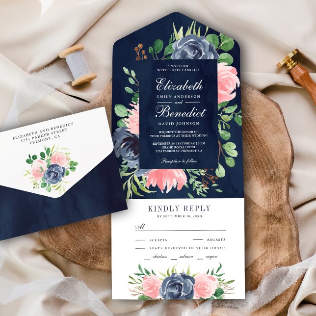 Invitation Tout En Un Rustique Blush rose Floral Mariage bleu marine (Créateur téléchargé)