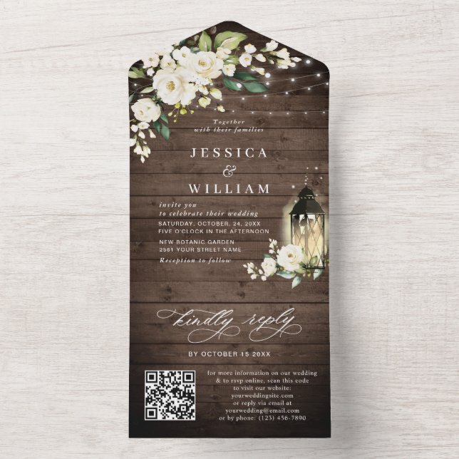 Invitation Tout En Un Rustique Bois blanc Roses Mariage QR code (À l'intérieur)