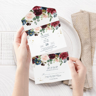 Invitation Tout En Un Rustique Bourgogne Marine Bleu & Rouge Beauté Fleu