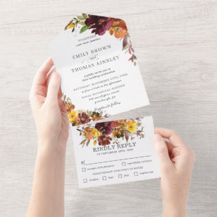 Invitation Tout En Un Rustique Bourgogne Orange Jaune Mariage Floral