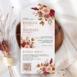 Invitation Tout En Un Rustique Bourgogne Terracotta Floral QR Code Maria