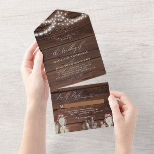 Invitation Tout En Un Rustique Chic Chaîne Bois Lumière Cactus Cactus Ma