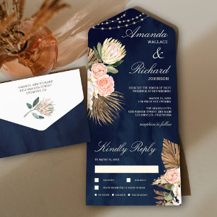 Invitation Tout En Un Rustique Earthy Floral Palm Protea Mariage bleu ma