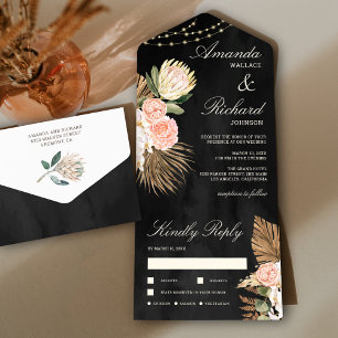 Invitation Tout En Un Rustique Earthy Floral Palm Protea Mariage noir