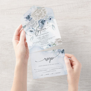 Invitation Tout En Un Rustique Élégant Floral Bleu Poussiéreux