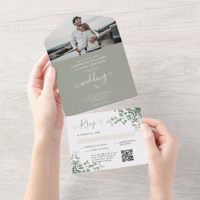 Invitation Tout En Un Rustique Eucalyptus QR Code RSVP Printemps mariage (Déchirure)
