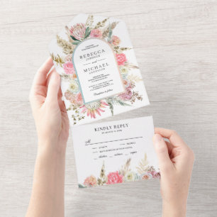 Invitation Tout En Un Rustique Fleurs Rose Pâle Bohème Herbe de Pampas M
