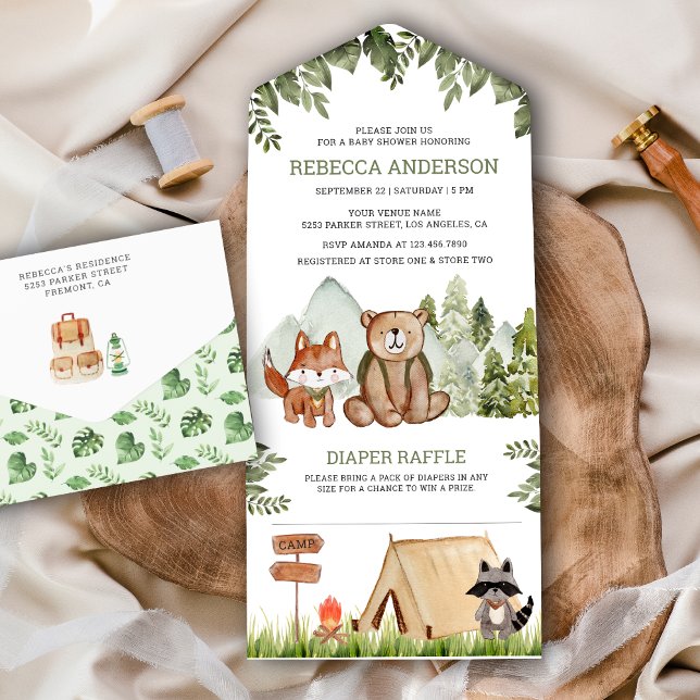 Invitation Tout En Un Rustique Forêt Boisée Animaux Baby shower de campi (Créateur téléchargé)