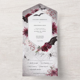 Invitation Tout En Un Rustique gothique Noir & Bourgogne Halloween PERSO