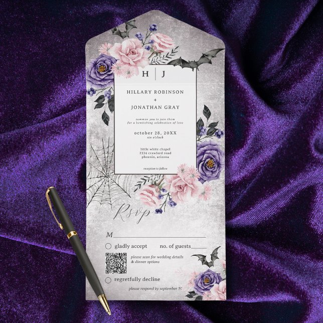 Invitation Tout En Un Rustique gothique rose et violet Halloween Code QR (Also available without a QR code; with or without dinner selection options.)