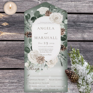 Invitation Tout En Un Rustique hiver Floral Vert Étincelle Dîner