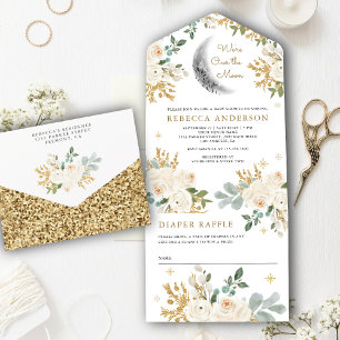 Invitation Tout En Un Rustique Ivoire Or Floral Boho Lune Baby Shower