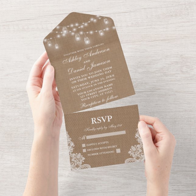 Invitation Tout En Un Rustique Jar Lights Lace Burlap Mariage (Déchirure)