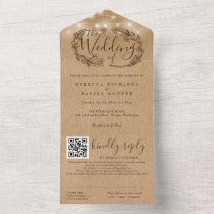 Invitation Tout En Un Rustique Kraft String lights QR Code Mariage