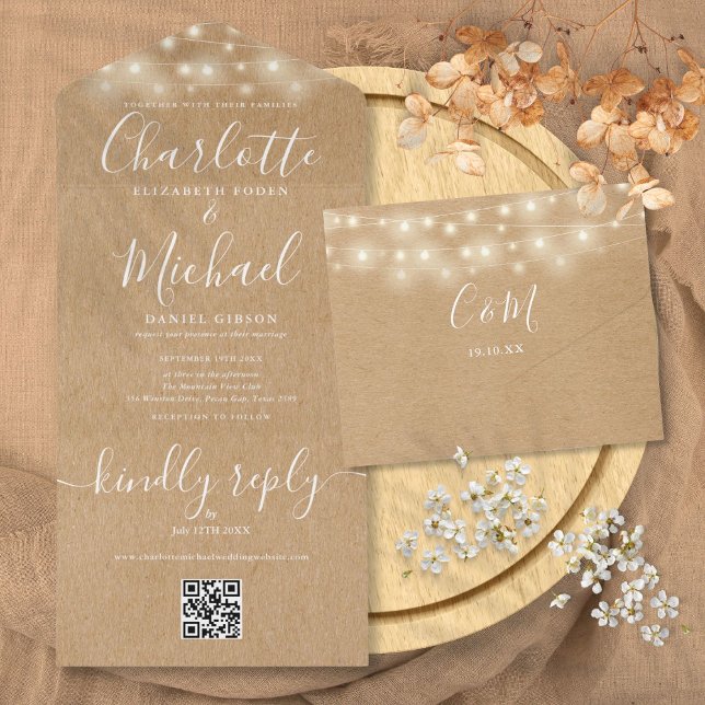Invitation Tout En Un Rustique Kraft String lights QR Code Mariage (Rustic Kraft String Lights QR Code Wedding All In One Invitation)