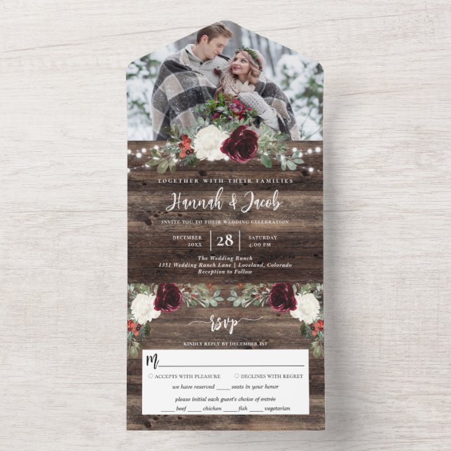 Invitation Tout En Un Rustique Noël hiver Mariage photo (À l'intérieur)