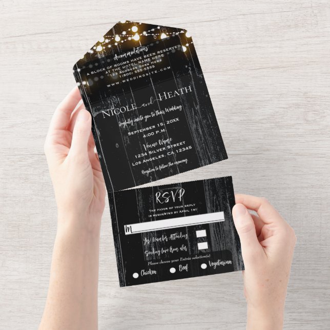 Invitation Tout En Un Rustique Noir noir Grange Bois & Lumières Mariage (Déchirure)