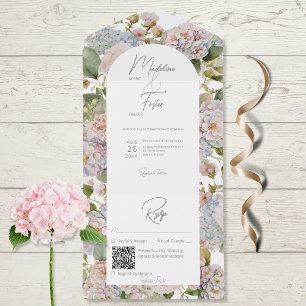 Invitation Tout En Un Rustique Pastel Hydrangeas Arc Blanc Code QR