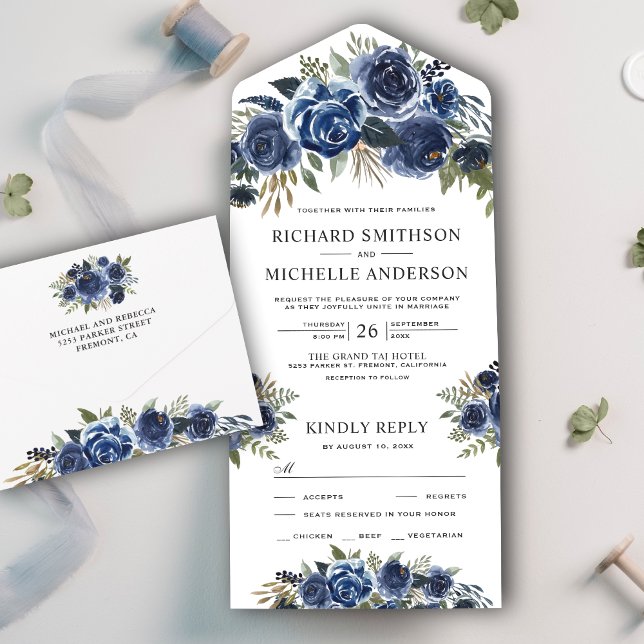 Invitation Tout En Un Rustique Pays Marine Blue Floral Bouquet Mariage (Créateur téléchargé)