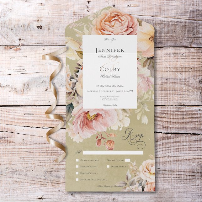 Invitation Tout En Un Rustique Romantique Rose & Blush Rose Dîner Vert (Rustic Romantic Pink & Blush Roses Green Dinner All In One Invitation)
