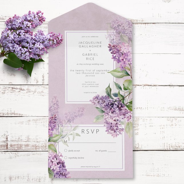 Invitation Tout En Un Rustique Romantique Violet & Sage Lilacs Pas de dî (Rustic Romantic Purple & Sage Lilacs No Dinner All In One Invitation)