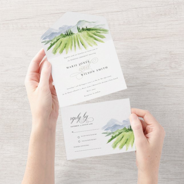 Invitation Tout En Un Rustique Script Winery Vineyard Mountain Mariage (Déchirure)