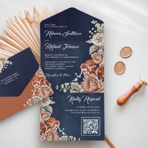 Invitation Tout En Un Rustique Terre Cuite Floral Bleu Marine Code QR Ma