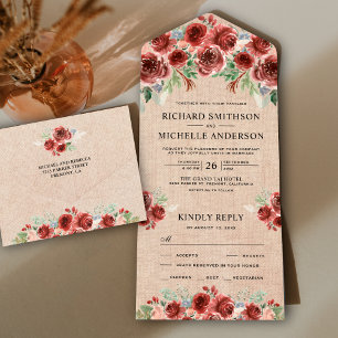 Invitation Tout En Un Rustique Toile de Jute Campagne Marsala Florale Fl