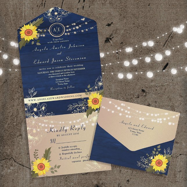 Invitation Tout En Un Rustique Tournesol String lumière Mariage Invitati (Créateur téléchargé)