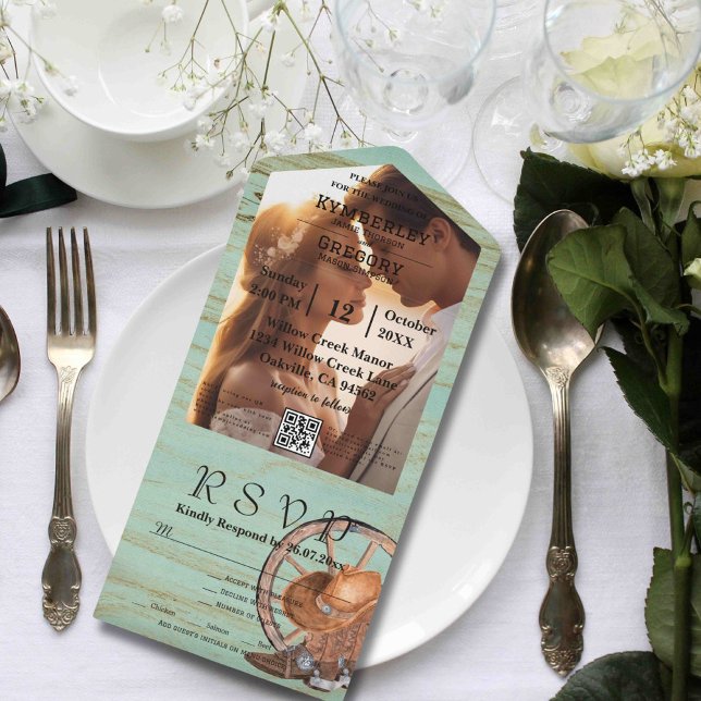 Invitation Tout En Un Rustique Turquoise Patiné Bois QR Code Photo (Créateur téléchargé)