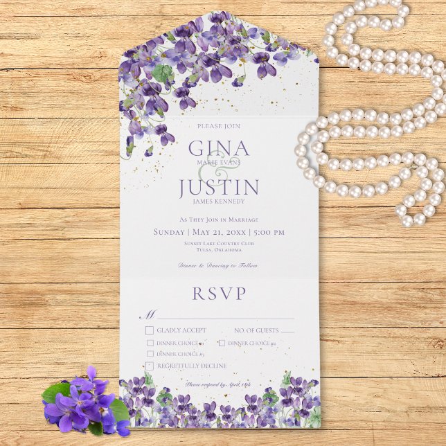 Invitation Tout En Un Rustique Violettes violettes or Sparkle Mariage dî (Rustic Purple Watercolor Violets All In One Dinner Wedding Invitation)