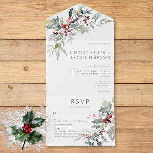 Invitation Tout En Un Rustique Winter Holly Berries & neige Détails