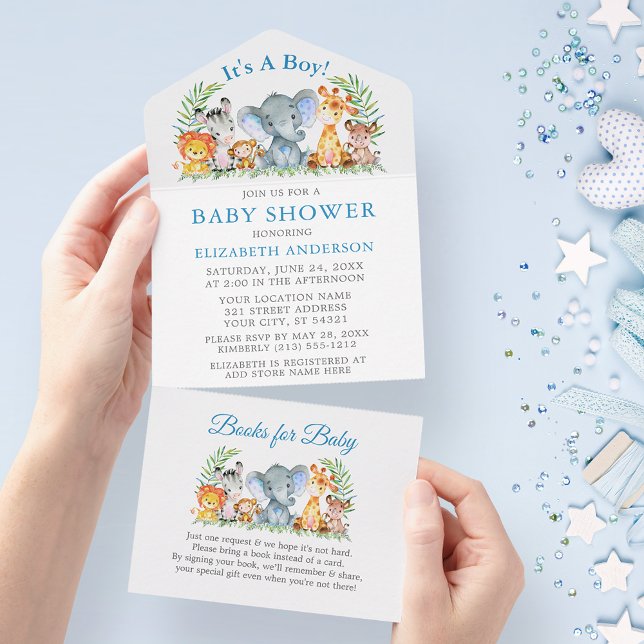 Invitation Tout En Un Safari Animaux Baby shower et livres bleu garçon (All In One Baby Shower Invitation with Books for Baby tear off card.)
