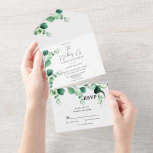 Invitation Tout En Un Sage élégant   Émeraude Green Eucalyptus Foliage