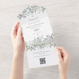 Invitation Tout En Un Sage Et Lilac Verdure QR Code Monogramme Mariage