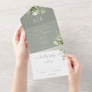 Invitation Tout En Un Sage Green Élégant Monogramme Mariage de verdure
