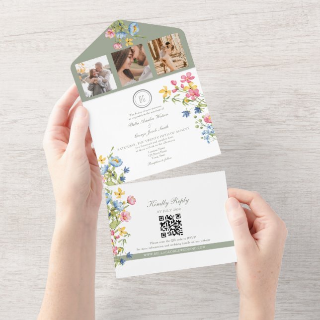 Invitation Tout En Un Sage Green Fleur sauvage Jardin Mariage (Déchirure)