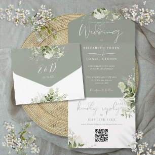 Invitation Tout En Un Sage Green Foliage QR Code Monogramme Mariage