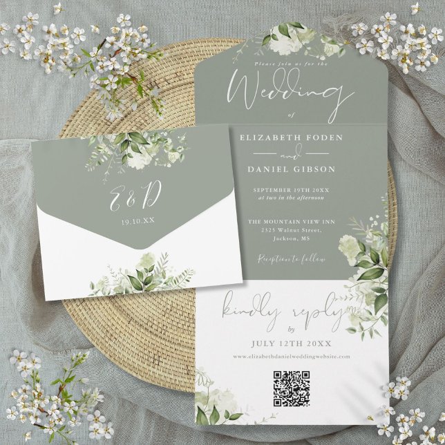 Invitation Tout En Un Sage Green Foliage QR Code Monogramme Mariage (Sage Green Foliage QR Code Monogram Wedding All In One Invitation)