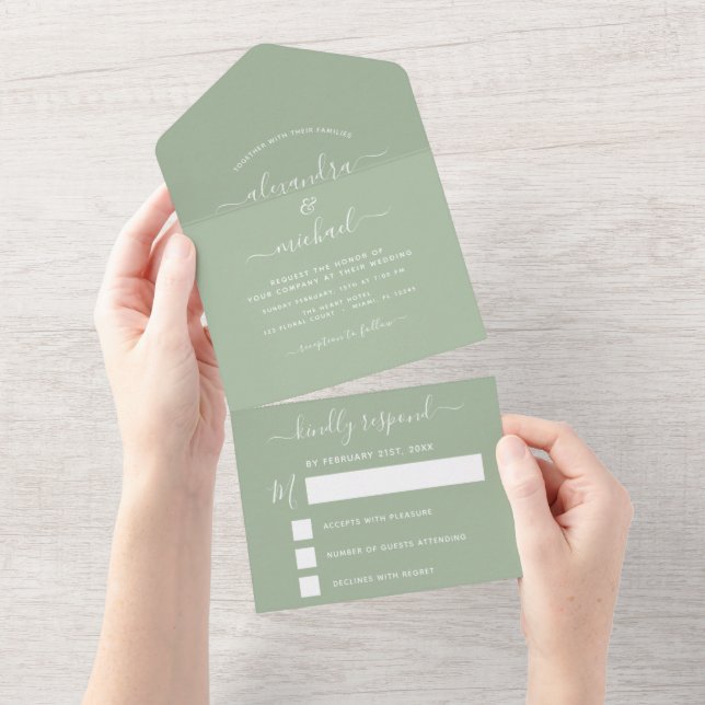 Invitation Tout En Un Sage Green Mariage Typographie moderne RSVP (Déchirure)